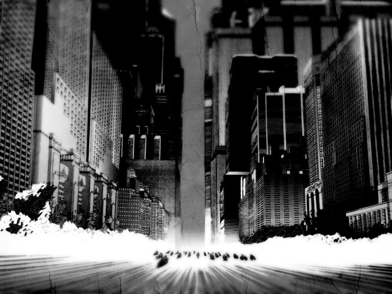 Silhouetted Figures in City — Black