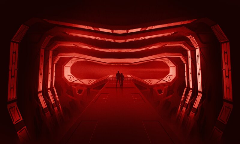 Silhouetted Figures in Corridor — Red