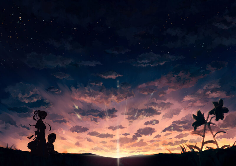 Silhouetted Figures in Field