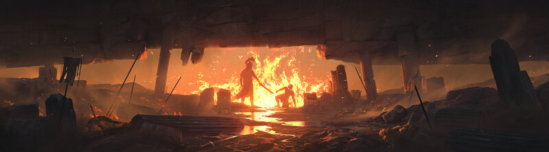 Silhouetted Figures in Fire — Orange