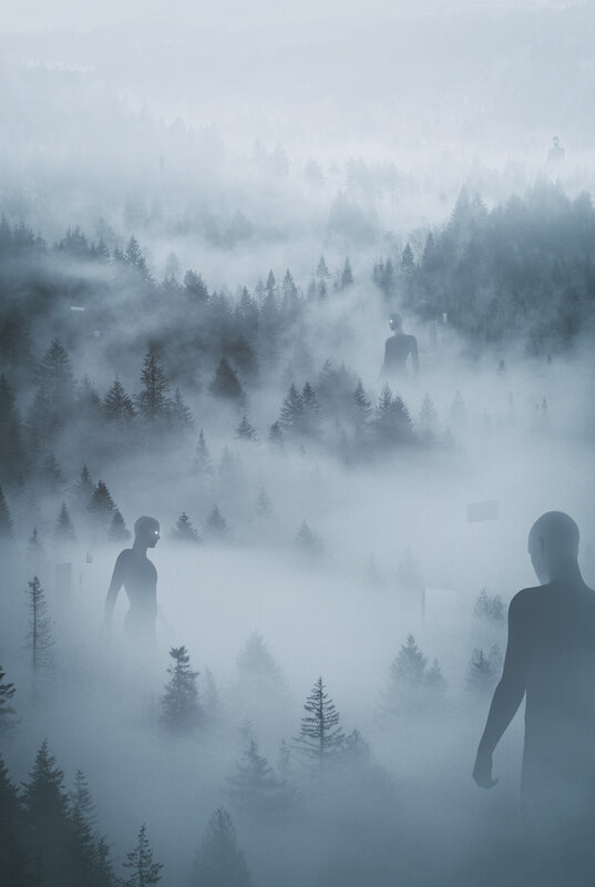 Silhouetted Figures in Fog — Gray