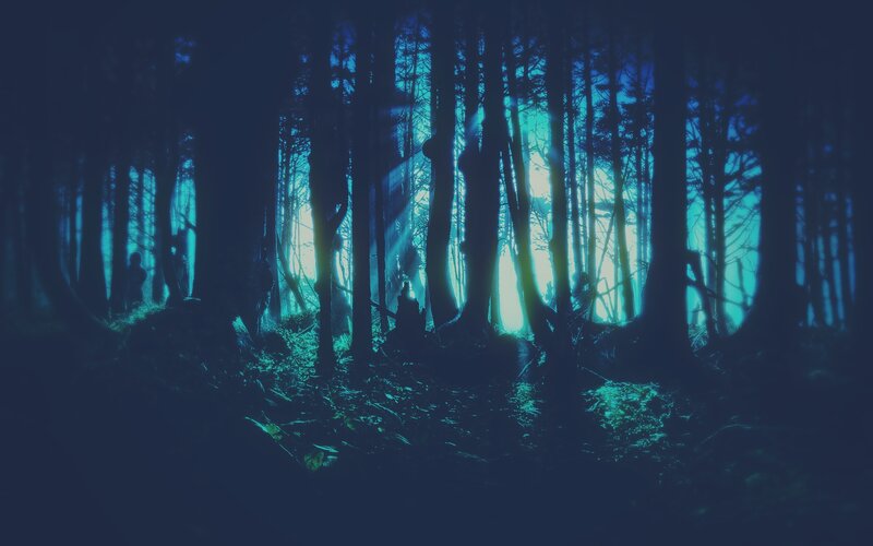 Silhouetted Figures in Forest — Blue, Mysterious