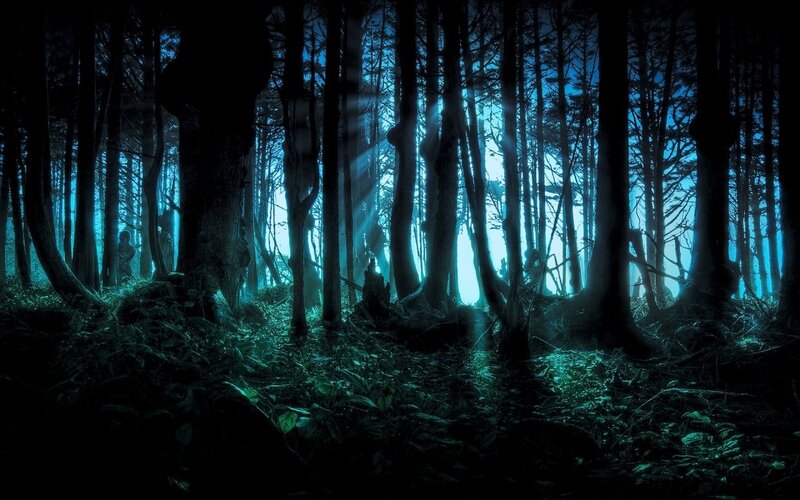 Silhouetted Figures in Forest — Blue