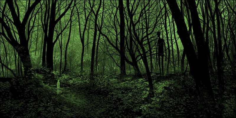 Silhouetted Figures in Forest — Green, Dark