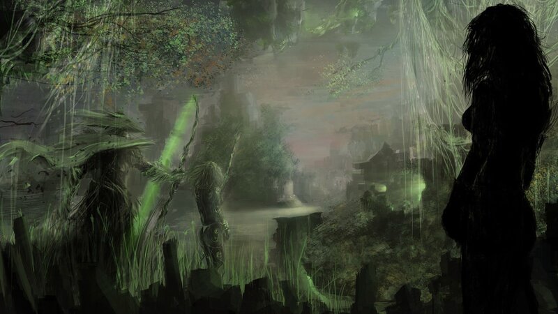 Silhouetted Figures in Forest — Green