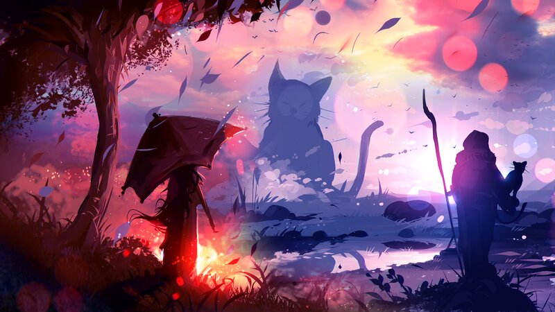 Silhouetted Figures in Forest — Purple, Dramatic