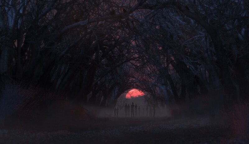 Silhouetted Figures in Forest — Red