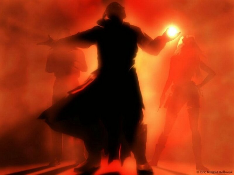 Silhouetted figures in red light