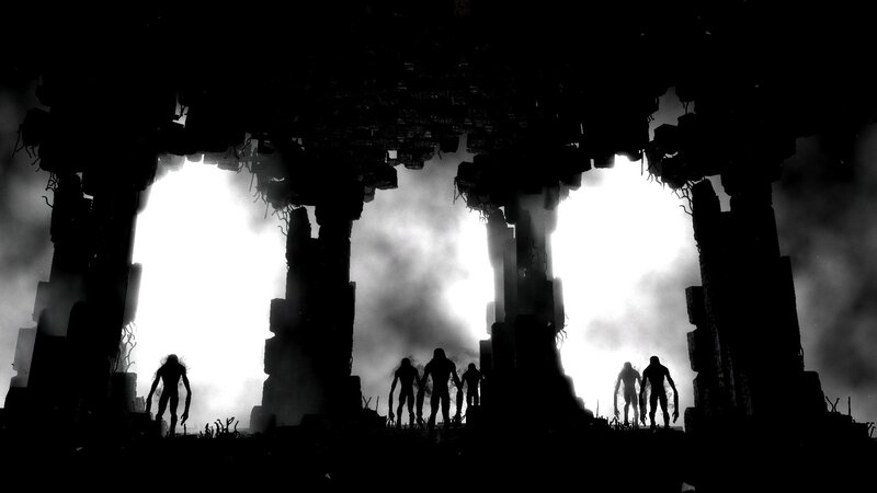 Silhouetted Figures in Ruins — Black, Dramatic