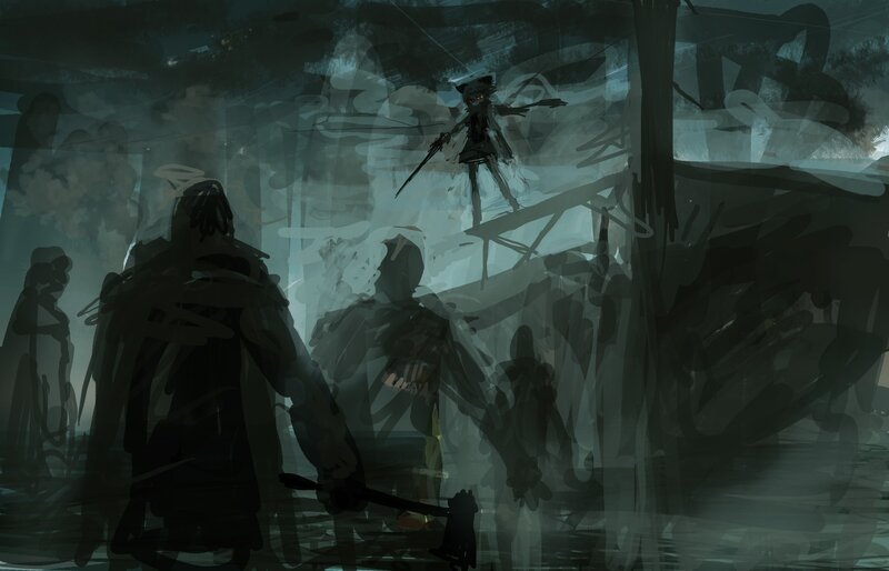 Silhouetted Figures in Ruins — Gray, Dramatic, Night, Digital Art