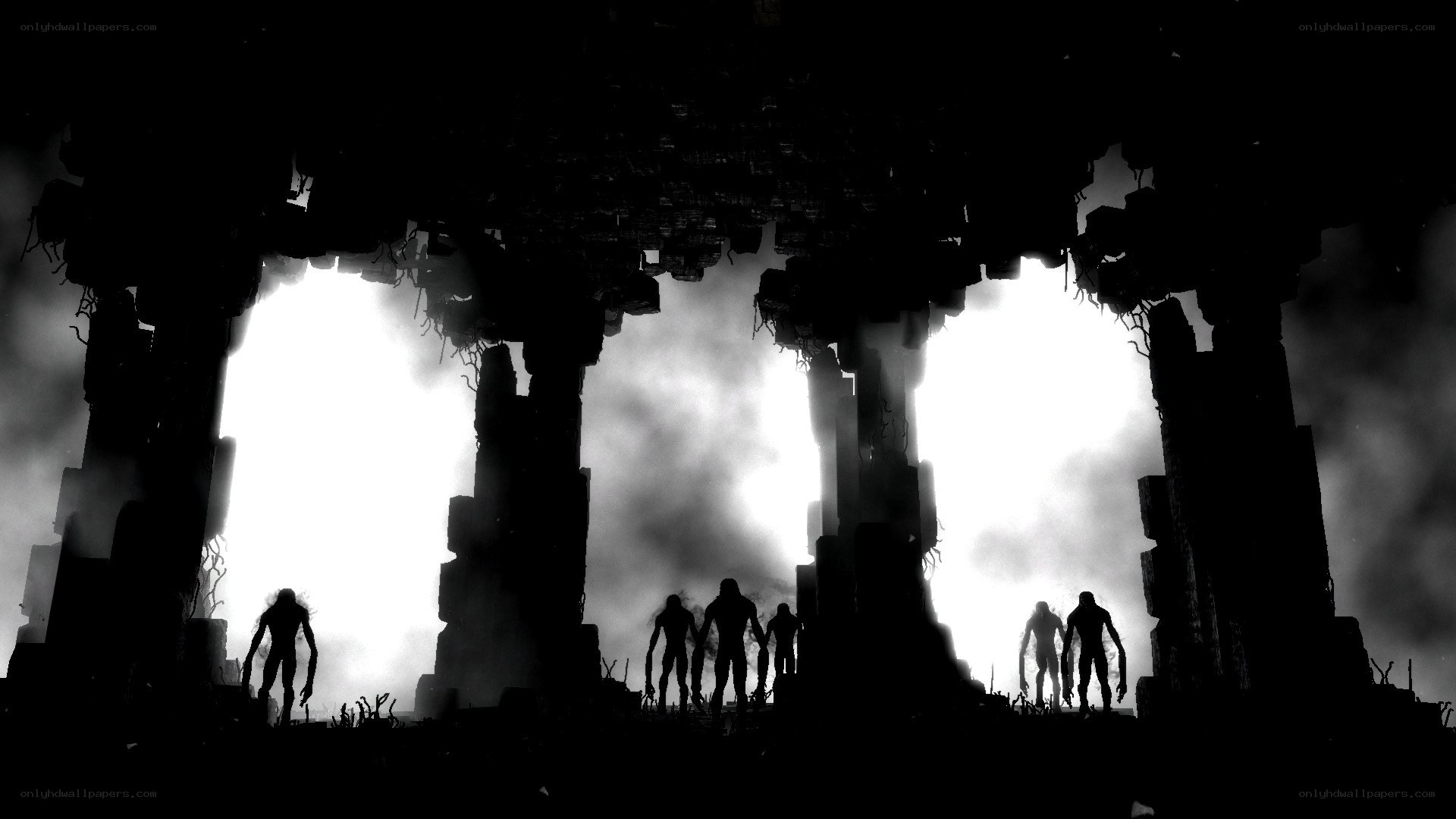 silhouetted figures in ruins