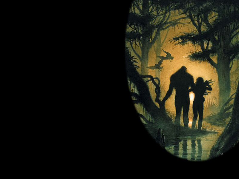 Silhouetted Figures in Swamp
