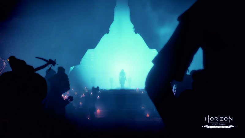 Silhouetted Figures in Temple — Blue
