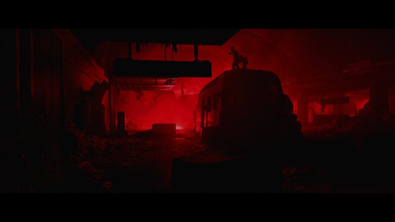 Silhouetted Figures in Tunnel — Red