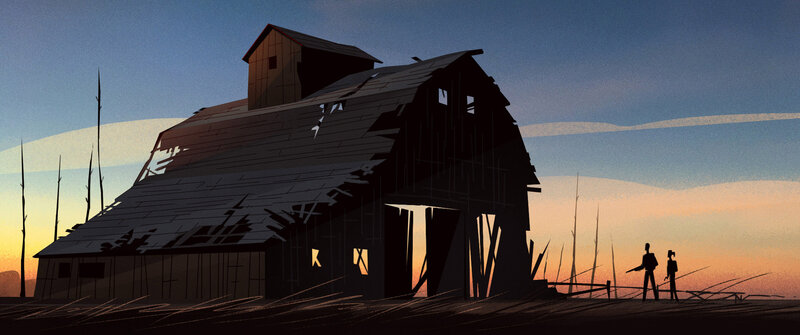 Silhouetted Figures Near Barn