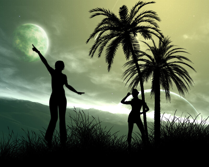 Silhouetted Figures on Alien Planet — Green