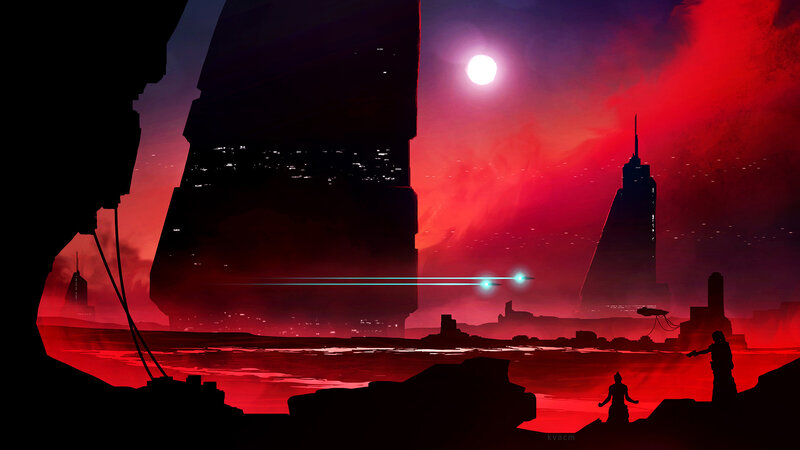 Silhouetted Figures on Alien Planet — Red, Dramatic