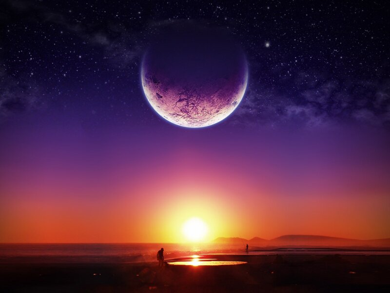 Silhouetted Figures on Beach — Purple