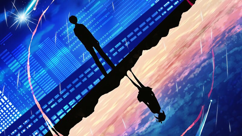 Silhouetted Figures on Bridge — Blue