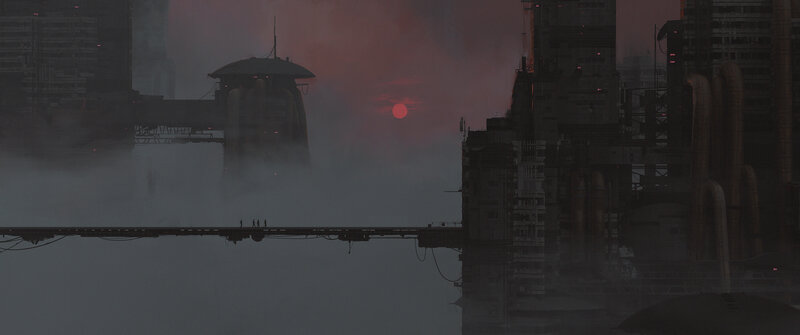 Silhouetted Figures on Bridge — Gray