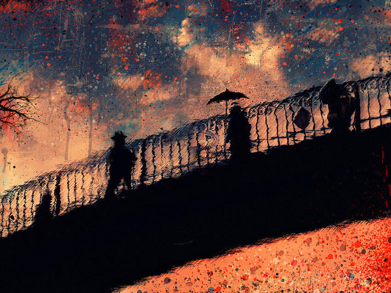 Silhouetted Figures on Bridge