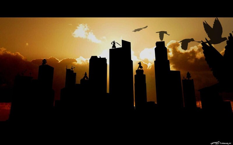 Silhouetted Figures on Buildings