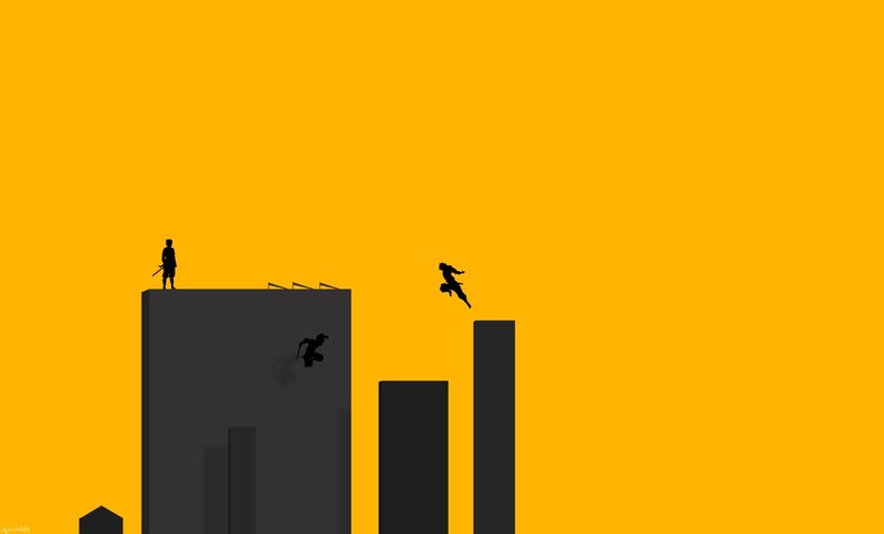 Silhouetted Figures on Buildings — Yellow