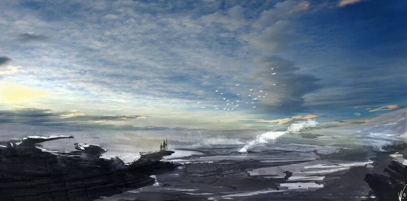 Silhouetted Figures on Cliff — Blue