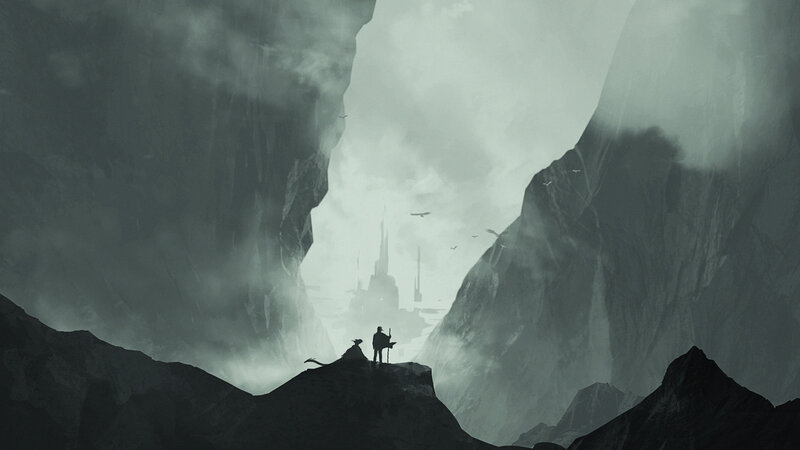 Silhouetted Figures on Cliff — Gray, Dramatic