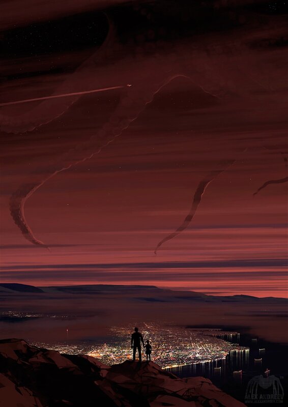 Silhouetted Figures on Cliff — Red