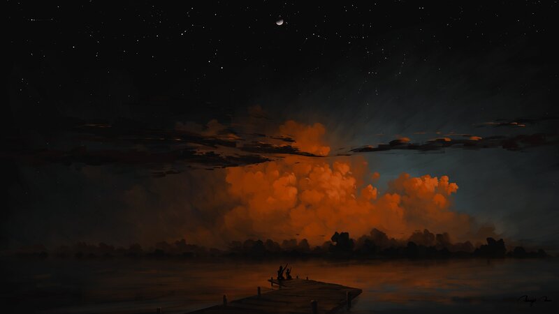Silhouetted Figures on Dock — Black