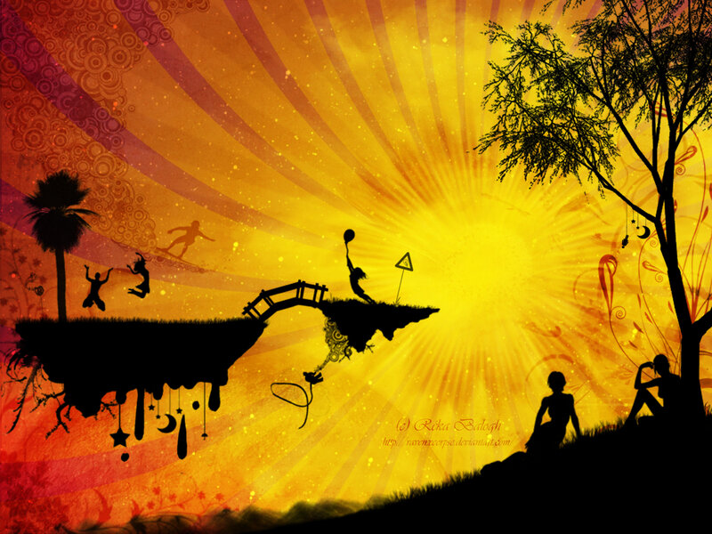 Silhouetted Figures on Floating Islands