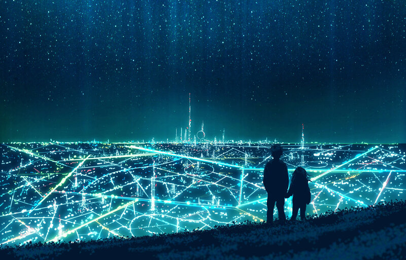 Silhouetted Figures on Hill — Blue, Serene, Night