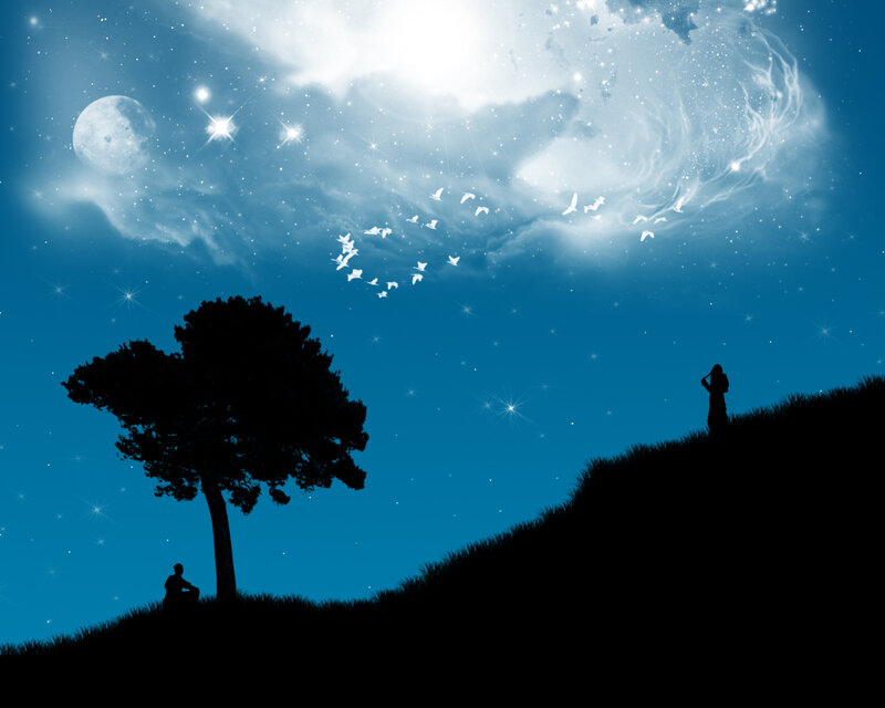Silhouetted Figures on Hill — Blue, Serene