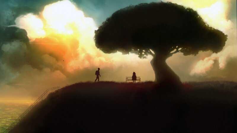 Silhouetted Figures on Hill — Orange, Dramatic, Sunset