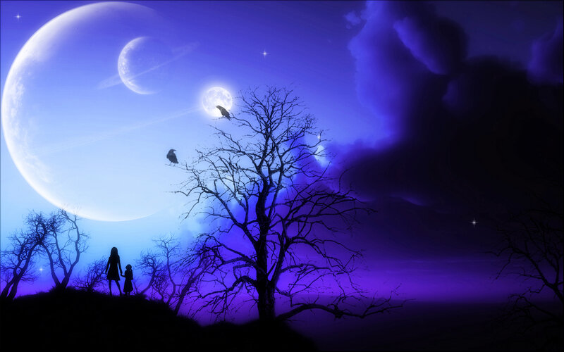 Silhouetted Figures on Hill — Purple, Dramatic