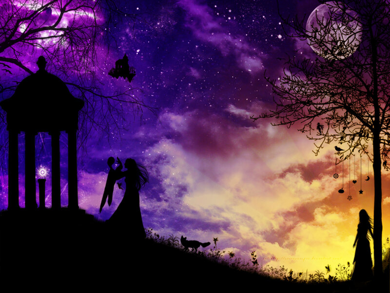 Silhouetted Figures on Hill — Purple