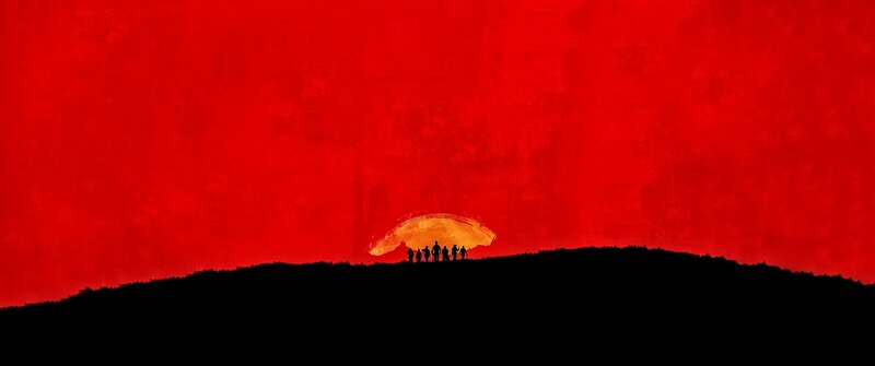 Silhouetted Figures on Hill — Red, Dramatic