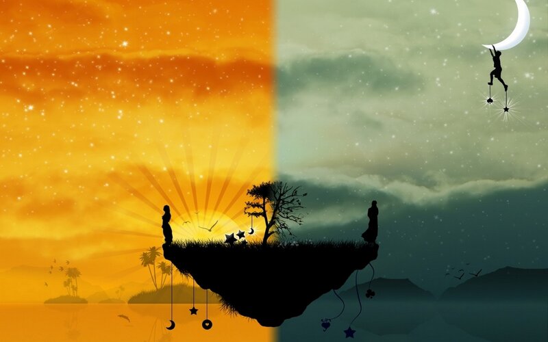 Silhouetted Figures on Island — Orange, Dreamy