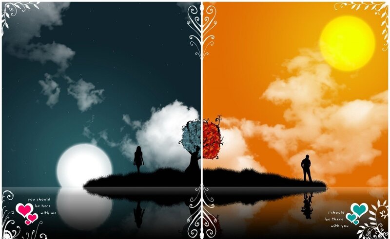 Silhouetted Figures on Island — Orange