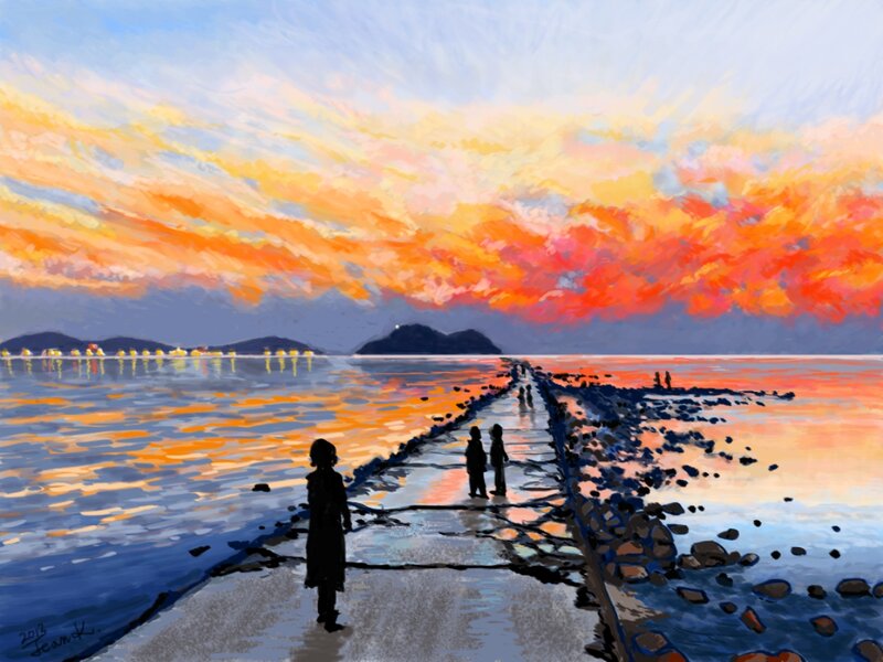 Silhouetted Figures on Pier — Orange, Dramatic