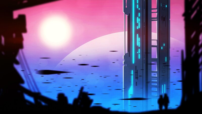Silhouetted Figures on Platform — Pink