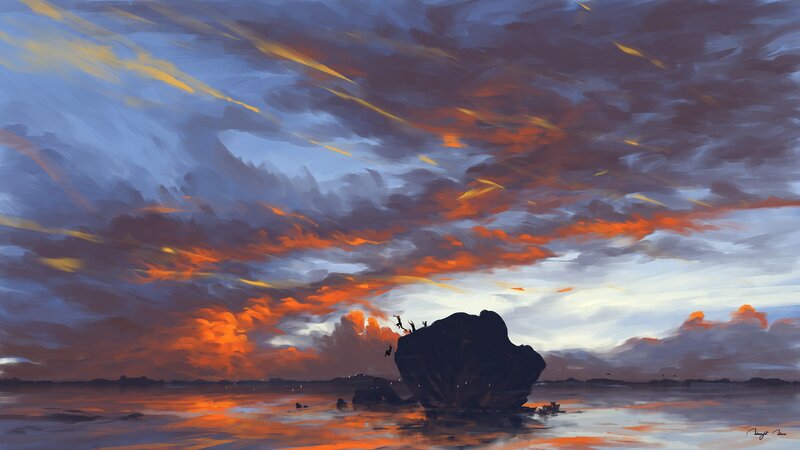 Silhouetted Figures on Rock — Orange, Dramatic