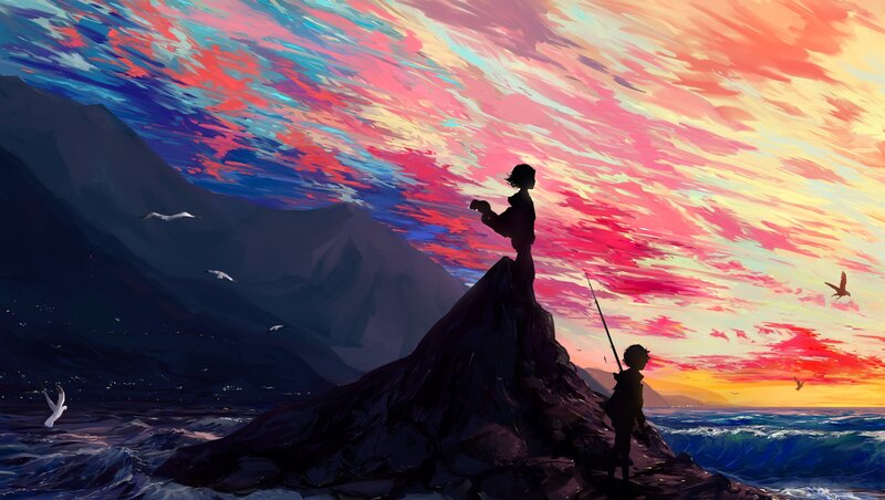 Silhouetted Figures on Rock — Red