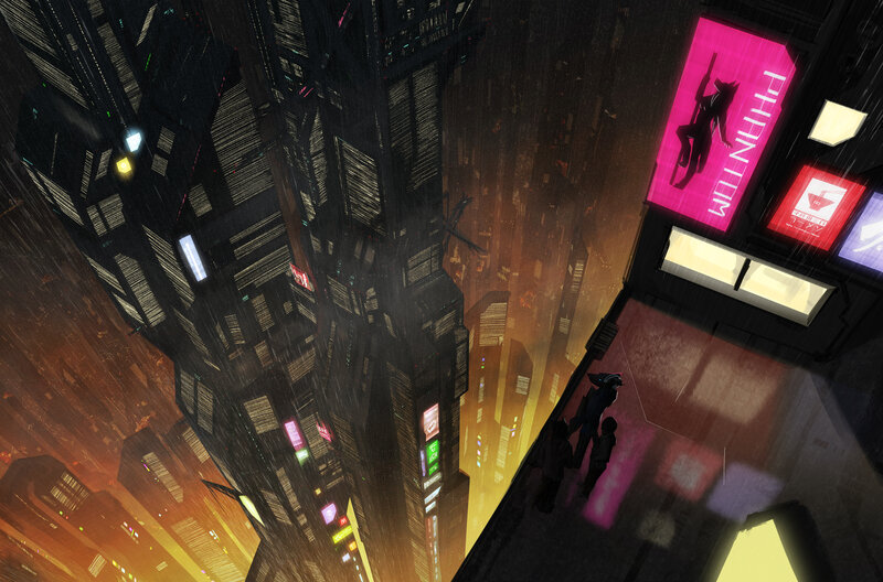 Silhouetted Figures on Rooftop — Black, Dramatic