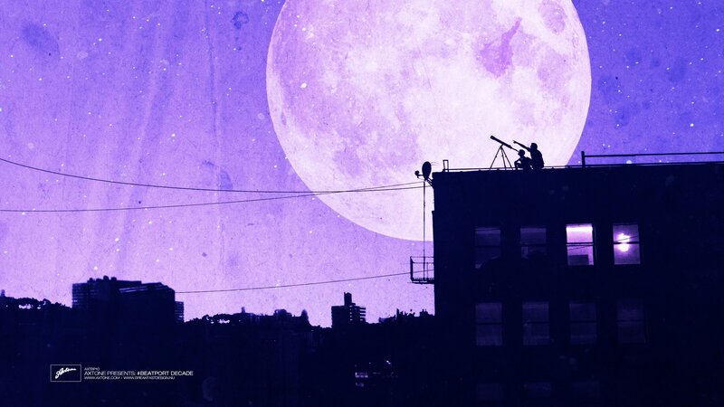 Silhouetted Figures on Rooftop — Purple