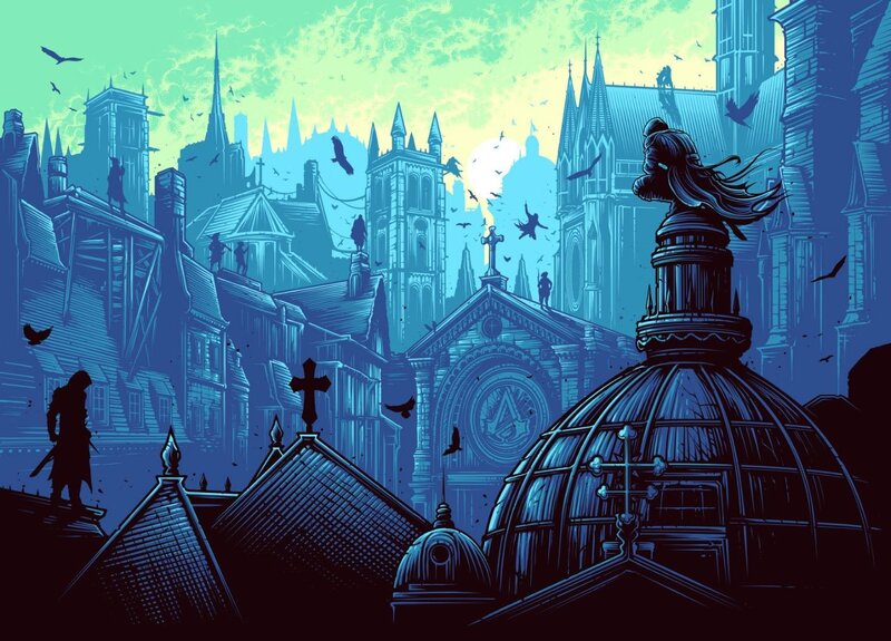 Silhouetted Figures on Rooftops — Blue