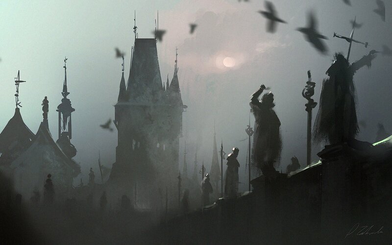 Silhouetted Figures on Rooftops