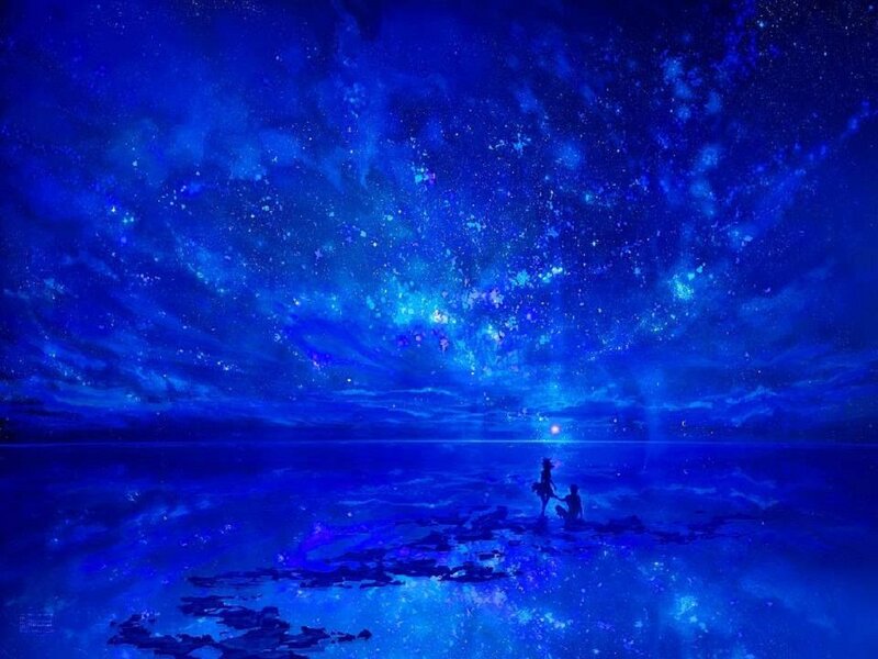 Silhouetted Figures on Shore — Blue