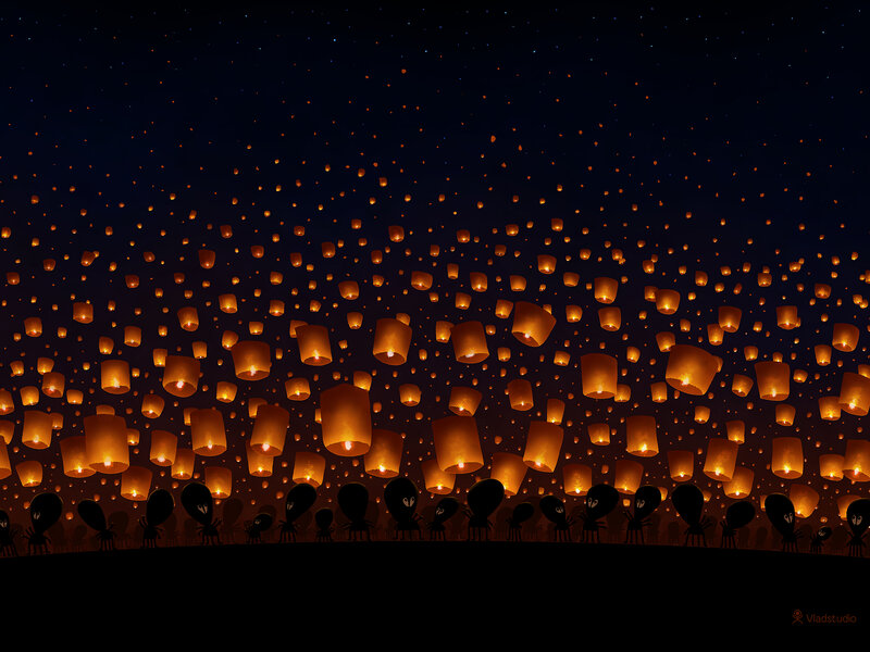 Silhouetted Figures Releasing Lanterns